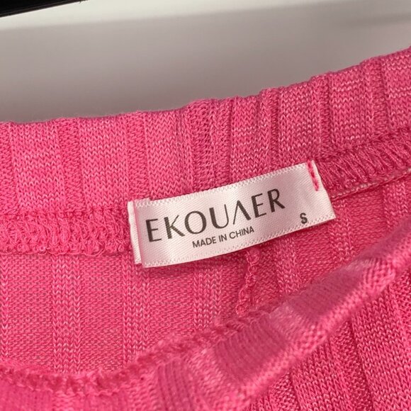 Ekouaer 2 Piece Lounge Set Pink Biker Shorts Shirt Ribbed Knit - Picture 6 of 12